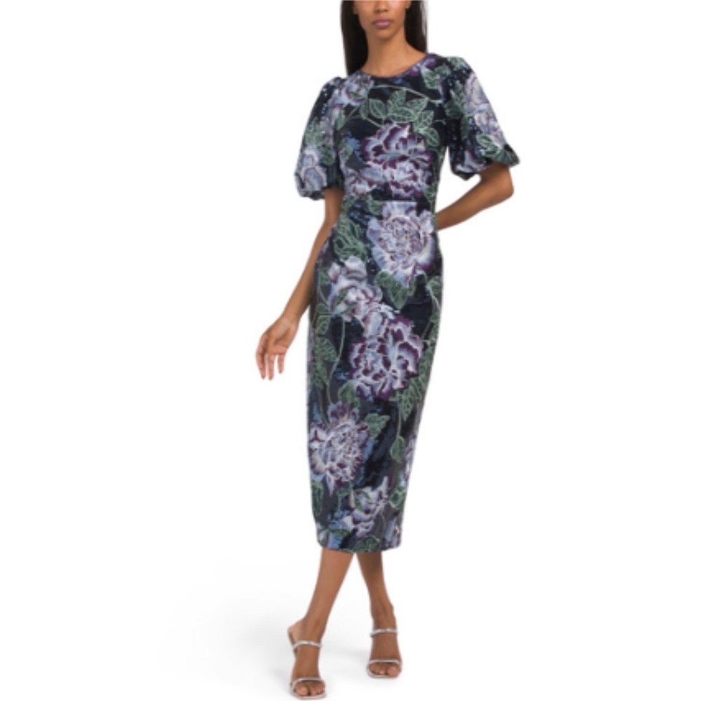 Marchesa Notte Bubble Sleeeve Sequin Floral Midi‎ Dress 4 Women Navy Blue